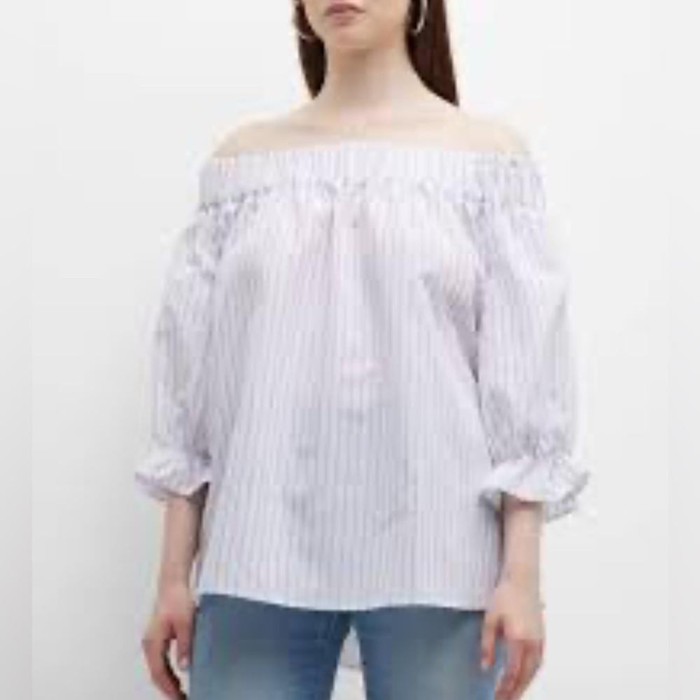 NWT Harshman Gruner Striped Off the Shoulder Tie back Cotton Linen Blouse Top L